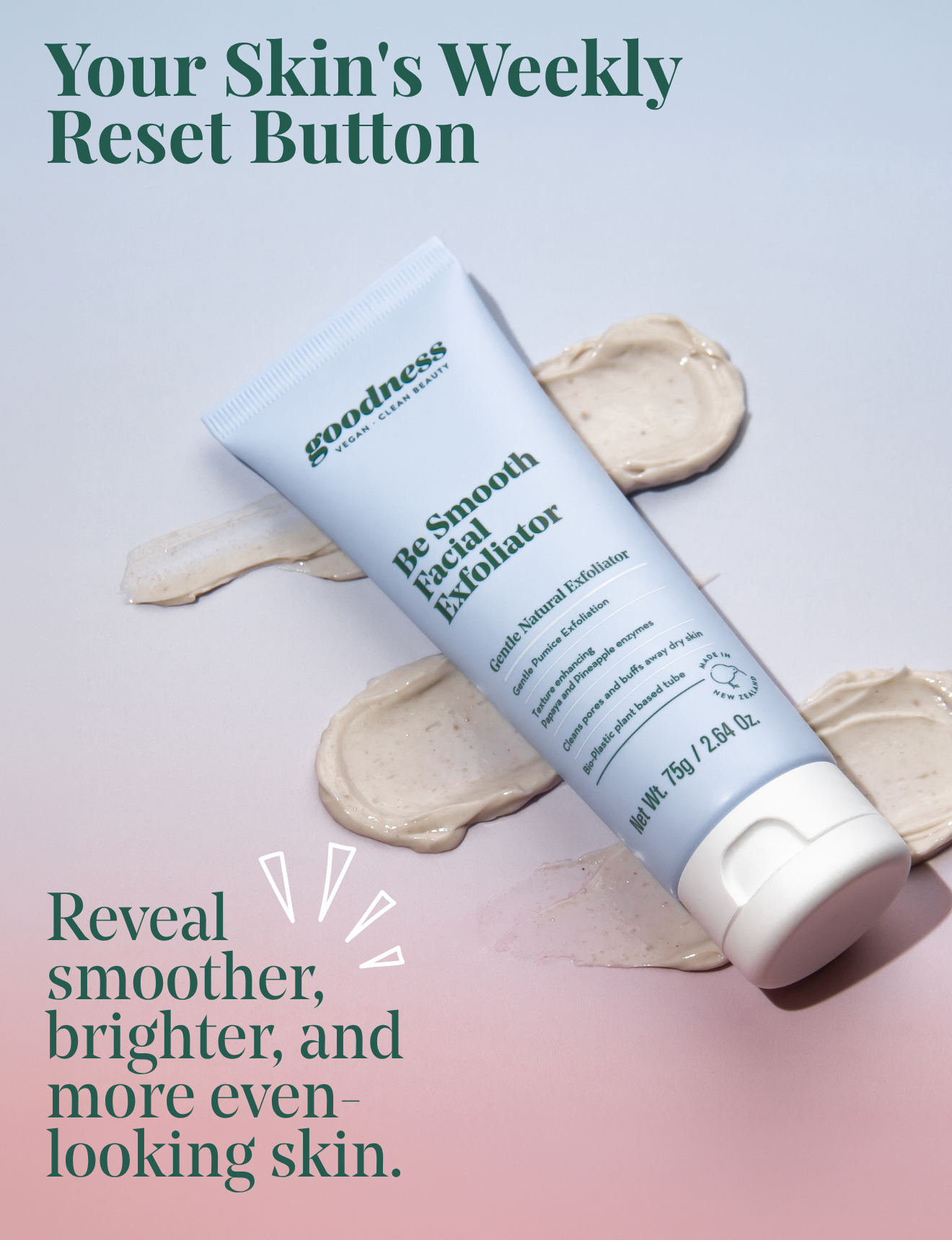 Goodness Be Smooth Facial Exfoliator, a gentle natural exfoliator suitable for normal, oily and combination skin