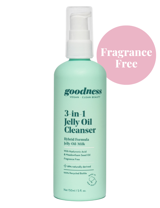 Goodness 3 in 1 Jelly Oil Cleanser, a fragrance-free jelly-to-oil cleanser that removes makeup and impurities.