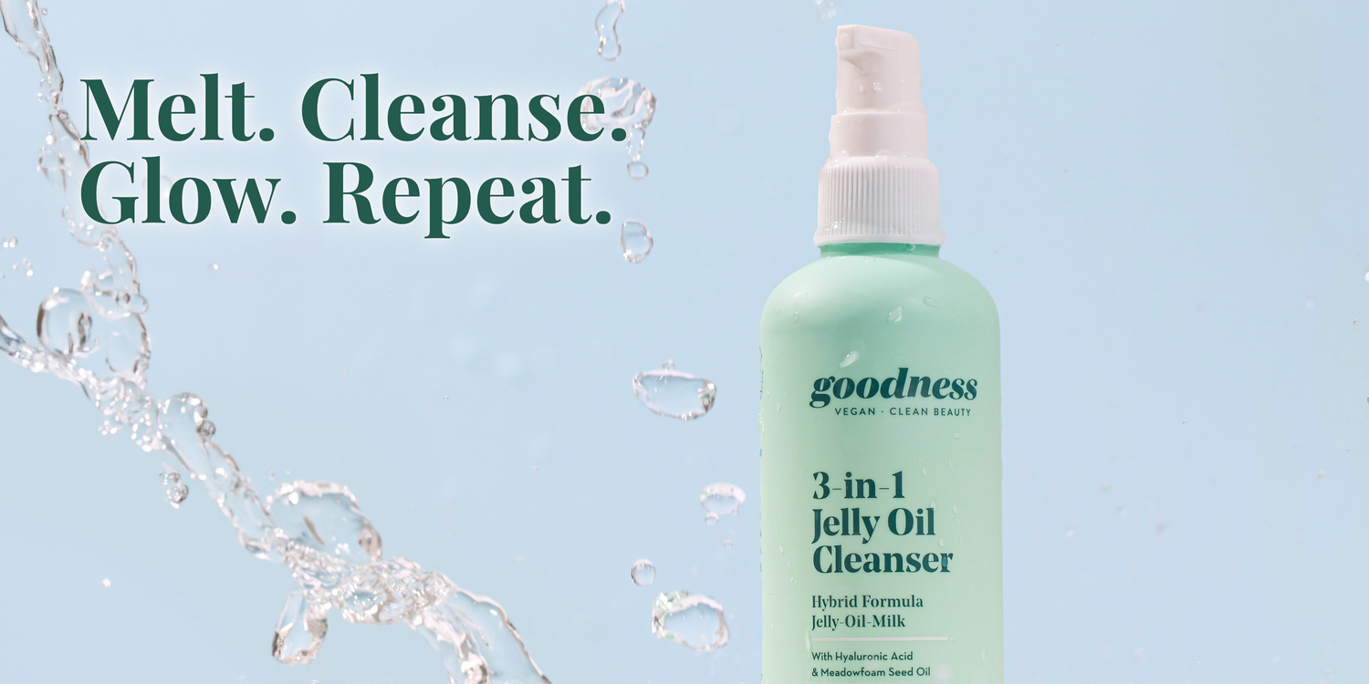 Goodness 3 in 1 Jelly Oil Cleanser with water splash, a fragrance-free cleanser that melts away makeup and leaves skin feeling fresh and hydrated.